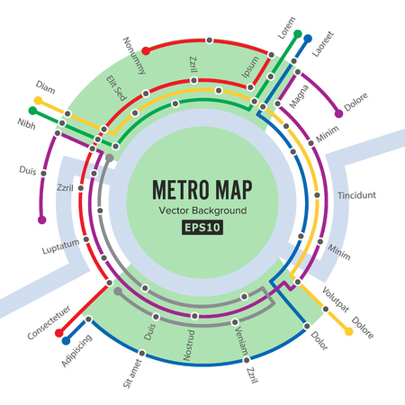 Metro Map Vector. Template Of City Transportation Scheme For Underground Road. Colorful Background With Stationsのイラスト素材