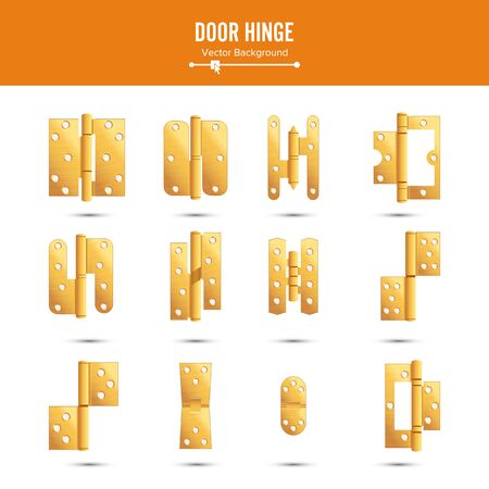 Door Hinge Vector. Set Classic And Industrial Ironmongery Isolated On White Background. Simple Entry Door Metal Hinge Icon. Gold, Brass. Stock Illustrationのイラスト素材