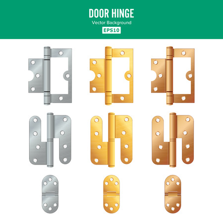 Door Hinge Vector. Set Classic And Industrial Ironmongery Isolated On White Background. Simple Entry Door Metal Hinge Icon. Stainless Steel, Copper, Bronze, Gold, Brass. Stock Illustrationのイラスト素材
