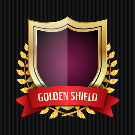 Golden Shield With Laurel Wreath And Red Ribbon. Vector Illustrationのイラスト素材
