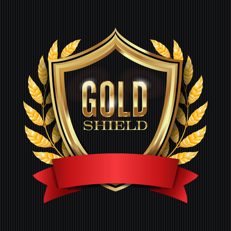 Golden Shield With Laurel Wreath And Red Ribbon. Vector Illustrationのイラスト素材
