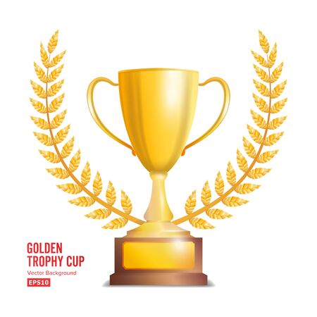 Golden Trophy Cup With Laurel Wreath. Award Design. Winner Concept. Isolated On White Background. Vector Illustrationのイラスト素材