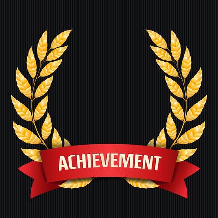 Gold Laurel Vector. Set Shine Wreath Award Design. Red Ribbon. Place For Textのイラスト素材