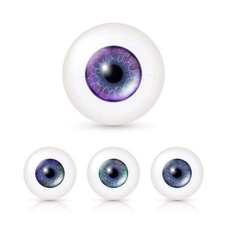 Human Eyeballs Set With Big Irises In Colour. Vector Illustration Of 3d Glossy Detailed Eye With Shadow And Reflection. Cornea. Front View. Isolated On White Backgroundのイラスト素材