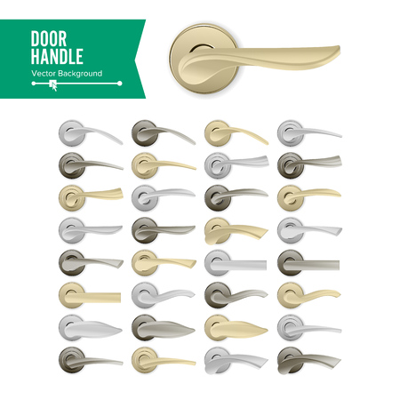 Door Handle Vector. Set Realistic Classic Element Isolated On White Background. Metal Gold And Silver Door Handle Lock. Stock Illustrationのイラスト素材