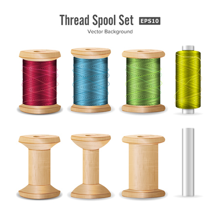 Thread Spool Set. Bright Plastic And Wooden Bobbin. Isolated On White Background For Needlework And Needlecraftのイラスト素材
