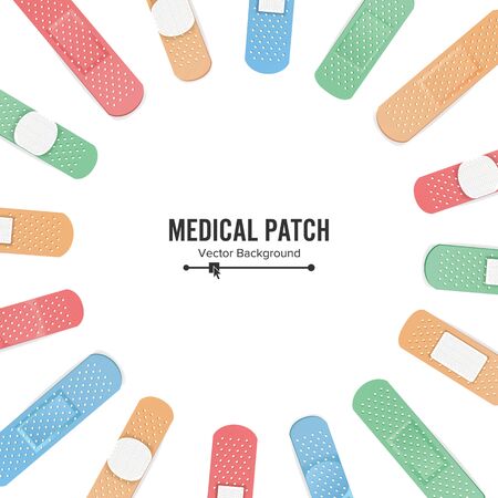 Medical Patch Vector. First Aid Band Plaster Strip Medical Patch Icon Set. Two Sides. Different Plasters Types. Realistic Illustration Isolated On White Backgroundのイラスト素材