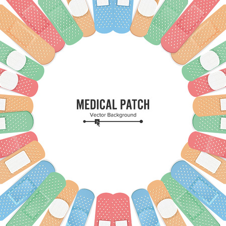 Medical Patch Vector. First Aid Band Plaster Strip Medical Patch Icon Set. Two Sides. Different Plasters Types. Realistic Illustration Isolated On Whiteのイラスト素材