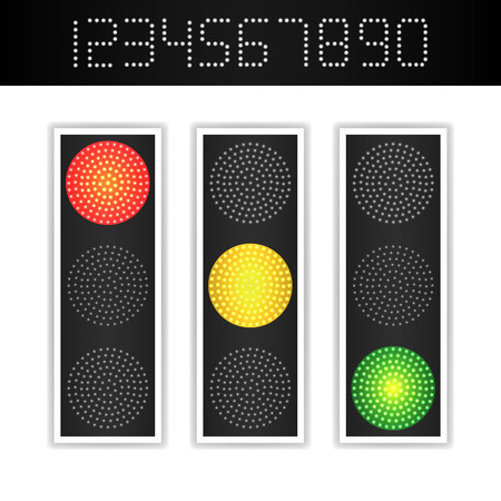 Road Traffic Light Vector. Realistic LED Panel With Time. Sequence Lights Red, Yellow, Green. Go, Wait, Stop Signals. Isolated On White Background.のイラスト素材