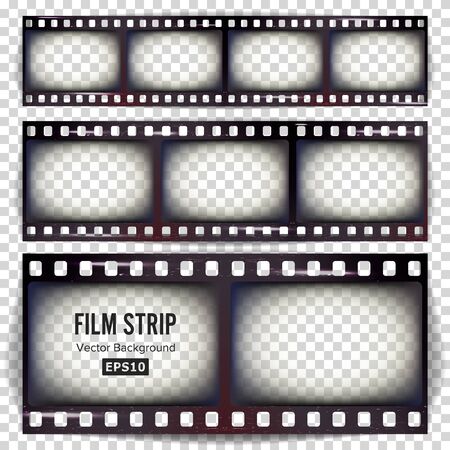Film Strip Vector. Set Realistic Frame Strip Blank Scratched Isolated On Transparent Background.のイラスト素材