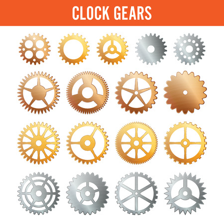 Vector Clock Gears. Metal Icons Isolated On White Background. Silver, Gold, Bronze.のイラスト素材