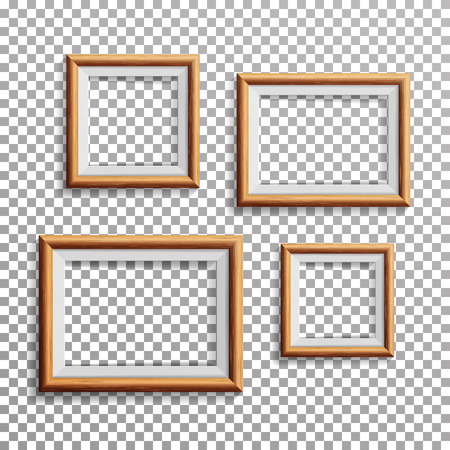 Realistic Photo Frame Vector. Set Square, A3, A4 Sizes Light Wood Blank Picture Frame, Hanging On Transparent Background From The Front. Design Template For Mock Up.のイラスト素材