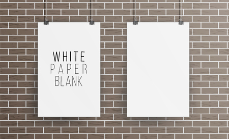 White Blank Paper Wall Poster Mock up Template Vector. Realistic Illustration. Picture Frame On Brick Wall. Front Viewのイラスト素材