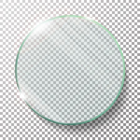 Transparent Round Circle Vector Realistic Illustration. Flat Glass Circle. Glass Plate. Transparency. Lens Flares.のイラスト素材