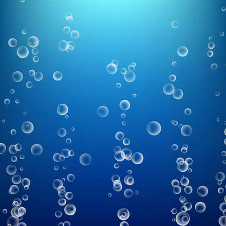 Bubbles In Water On Blue Background. Ocean Deep. Circle And Liquid, Light Design. Clear Soapy Shiny. Vector Illustrationのイラスト素材
