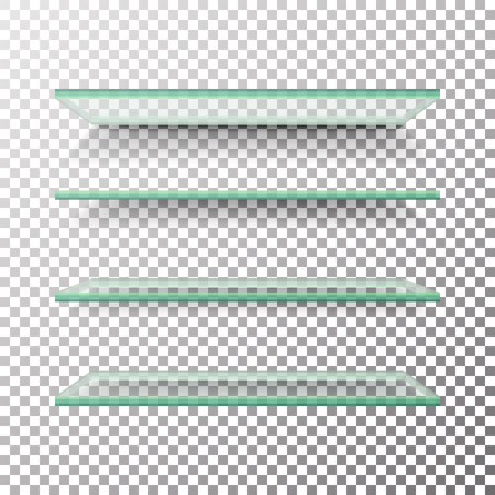Empty glass shelves template vector set. Alike glass shelvesのイラスト素材