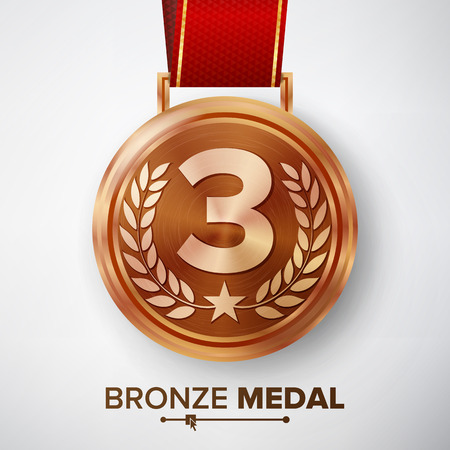Bronze Medal Vector. Metal Realistic Third Placement Achievement. Round Medal With Red Ribbon, Relief Detail Of Laurel Wreath And Star. Competition Game Bronze Achievement. Winner Trophy Awardのイラスト素材