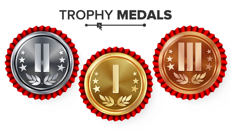 Gold, Silver, Bronze Place Badge, Medal Set Vector. Realistic Achievement With First, Second, Third Placement. Round Championship Label, Red Rosette. Winner Honor Prize. Sport Game Challenge Awardのイラスト素材