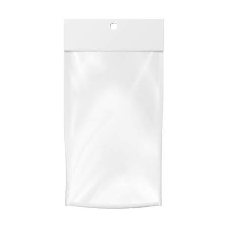 Plastic Pocket Vector Blank. Realistic Mock Up Template Of Plastic Pocket Bag. Clean Hang Slot. Packing Design Template. Isolated Illustration.のイラスト素材