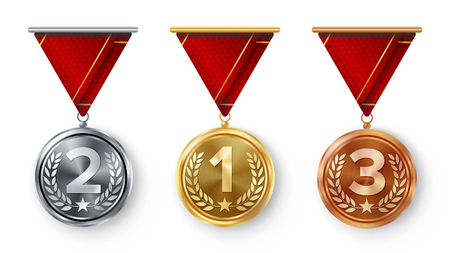 Champion Medals Set Vector. Metal Realistic First, Second Third Placement Achievement. Round Medals With Red Ribbon, Relief Detail Of Laurel Wreath, Star. Sport Game Golden, Silver, Bronze Achievementのイラスト素材