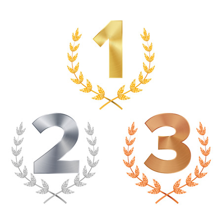 Trophy Award Set Vector. Award. Figures 1, 2, 3 One, Two, Three In A Realistic Gold Silver Bronze Laurel Wreath. Winner Trophy Award. Isolated Illustrationのイラスト素材