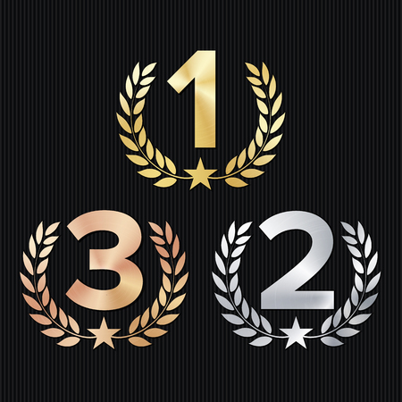 Trophy Award Set Vector. Figures 1, 2, 3 One, Two, Three In A Realistic Gold Silver Bronze Laurel Wreath And Red Ribbon. Competition Game Concept. Isolated On Black. Illustrationのイラスト素材
