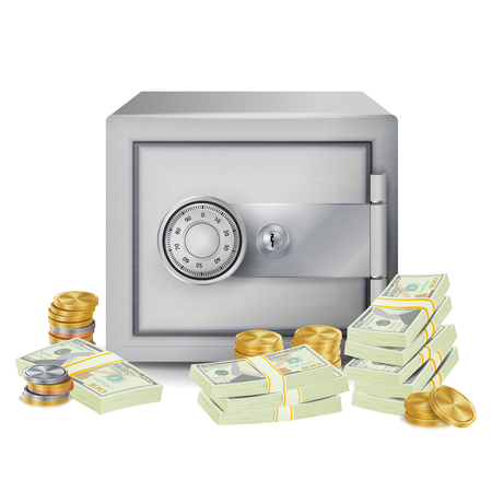 Steel Safe Security Concept Vector. Metal Coins. Vector Isolated Illustration. Investment Concept.のイラスト素材