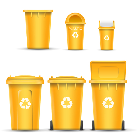 Yellow Recycling Bin Bucket Vector For Plastic Trash. Opened And Closed. Front View. Sign Arrow. Isolated Illustrationのイラスト素材