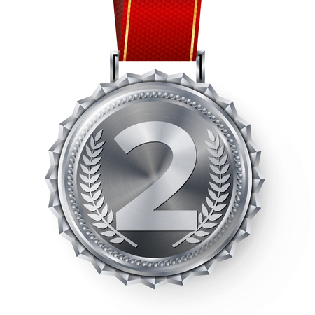 Silver Medal Vector. Silver 2nd Place Badge. Sport Game Silver Challenge Award. Red Ribbon. Isolated. Olive Branch. Realistic Illustration.のイラスト素材