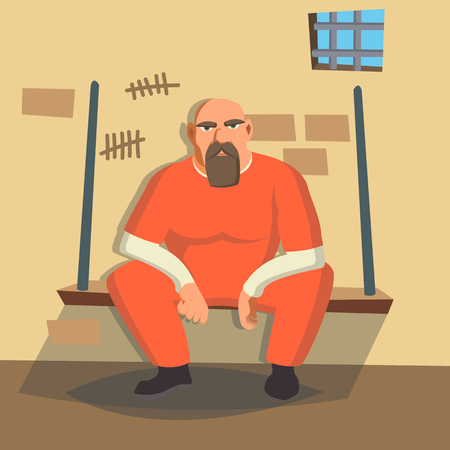 Man In Prison Vector. Bandit Arrested And Locked. Isolated On White Cartoon Character Illustrationのイラスト素材