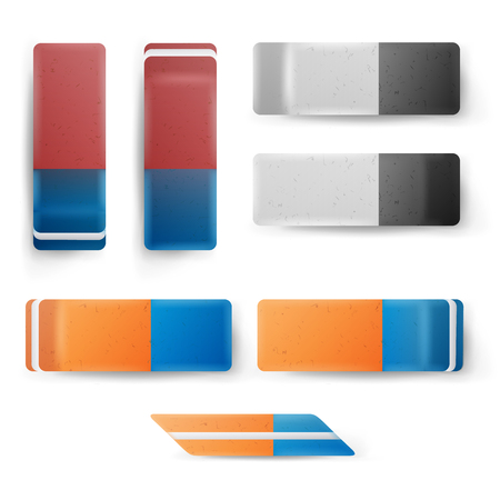Realistic Eraser Set Vector. Classic Blue Orange, Grey White Rubber Icon. Isolated Illustrationのイラスト素材