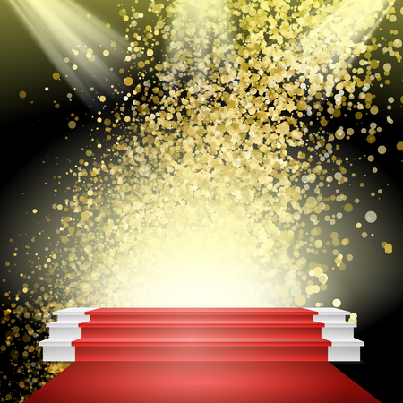 White Winners Podium Vector. Red Carpet. Gold Glitter Cloud Or Shining Particles Explosion. Stage For Awards Ceremony. Illustrationのイラスト素材