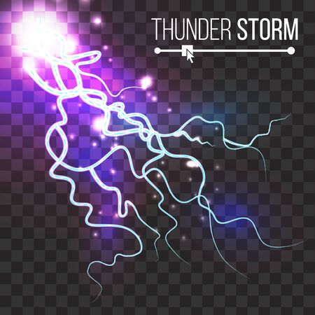 Realistic Lightning Strike Vector. Blue Flash. Isolated On Transparent Background. Electricity Effect Illustrationのイラスト素材