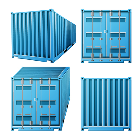 Blue Cargo Container Vector. Realistic 3D Metal Classic Cargo Container. Freight Shipping Concept. Transportation Mock Up. Isolated On White Illustrationのイラスト素材