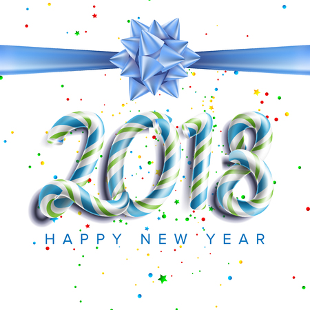 Happy New Year 2018 Invitation Vector. Candy Cane. Realistic Bow. Christmas Greeting Card. Modern New Year Poster, Flyer Template Design. Festival Holiday Illustrationのイラスト素材