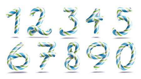 Numbers Sign Set Vector. 3D Numerals. Figures 1, 2, 3, 4, 5, 6, 7, 8, 9, 0. Christmas Colours. Blue, Green Striped. Classic Xmas Mint Hard Candy Cane. New Year Design. Isolated On White Illustrationのイラスト素材