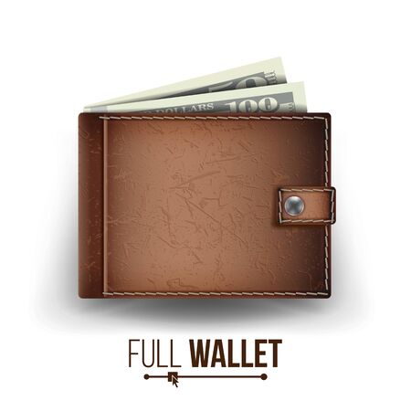 Full Wallet Vector. Brown Color. Dollar Banknotes. Top View. Financial Concept. Isolated On White Background Illustrationのイラスト素材