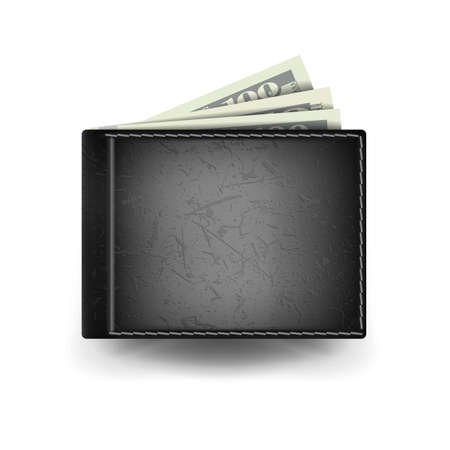 Full Wallet Vector. Black Color. Classic Modern Leather Wallet. Dollar Banknotes. Isolated Illustrationのイラスト素材