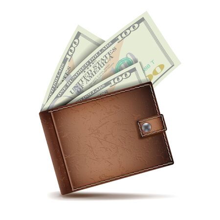 Realistic Classic Brown Wallet Vector. Money. Top View. Financial Concept. Isolated On White Background Illustrationのイラスト素材