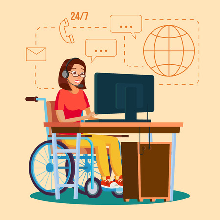 Disabled Woman Working Vector. Socialization Concept. Wheelchair With Person. Isolated Flat Cartoon Character Illustrationのイラスト素材