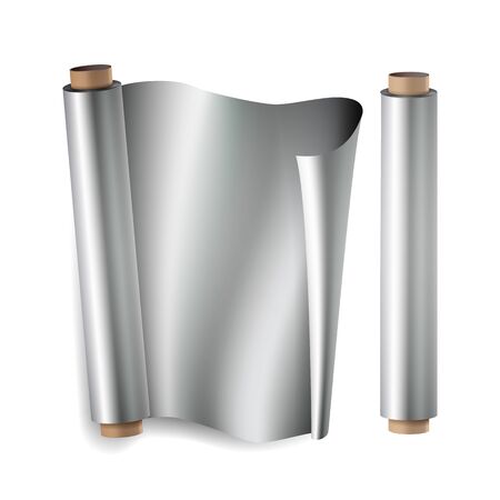 Metal Foil Paper Roll Vector. Close Up Top View. Opened And Closed. Realistic Illustration Isolated On Whiteのイラスト素材