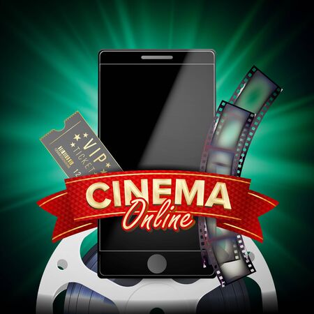 Online Cinema Poster Vector. Modern Mobile Smart Phone Concept. Good For Flyer, Banner, Marketing On Social Network. Movie Reel, Clapper Board. Marketing Luxury Banner, Poster Illustration.のイラスト素材