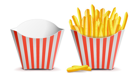 French Fries Potatoes Vector. Classic Striped Red White Paper Box. Empty And Full. Isolated On White Illustrationのイラスト素材