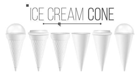 White Ice Cream Cone Mock Up Set Vector. For Ice Cream, Sour Cream. Different Food Bucket Cone Container. White Empty Blank. Isolated Illustration.のイラスト素材