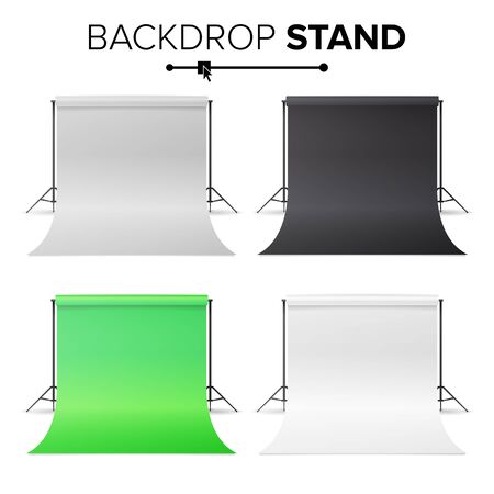 Photo Studio Hromakey Set Vector. Modern Photo Studio. Black, White, Green Backdrop Stand Tripods. Realistic 3D Template Mock Up. Isolated Illustrationのイラスト素材