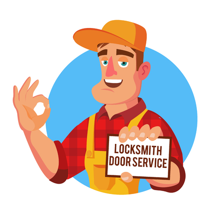 Emergency Locksmith Service Vector. Professional Locksmith Mechanic Work. Flat Cartoon Illustrationのイラスト素材