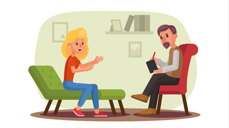 Classic Psychologist Vector. Classic Psychotherapist And Woman Patient. Psychotherapy Counseling Concept. Consultation Of Psychotherapist. Psychology Cabinet With Sofa. Flat Cartoon Illustrationのイラスト素材