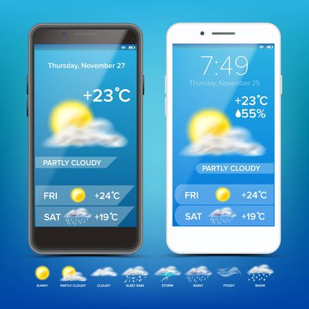 Weather Forecast App Vector. Realistic Smartphone. Weather App With Icons.のイラスト素材