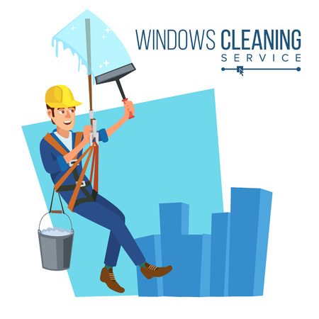 Windows Cleaning Service Vector. Window Washer Is Cleaning High Building. Washing Windows Of The Modern Building. Flat Cartoon Illustrationのイラスト素材