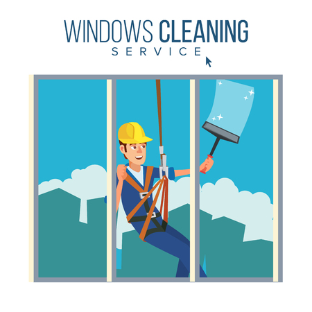 Window Washer Worker Vector. Man Cleaning Window Squeegee Spray. Window Washer Is Cleaning High Building. Cartoon Character Illustrationのイラスト素材